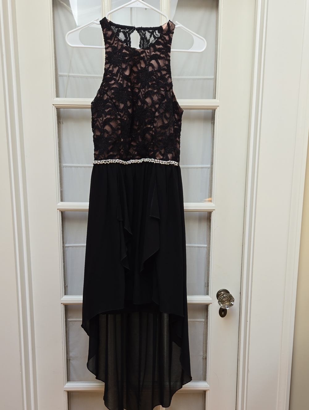 City Studio Black Lace High-Low Formal/Homecoming Dress with Beaded Waist